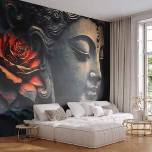 Fotomurali Premium Sand - Scultura del viso in stile buddista con fiore - 100x70cm - In armonia con il mondo - Decorazione murale moderna per soggiorno e camera da letto ARTTOR