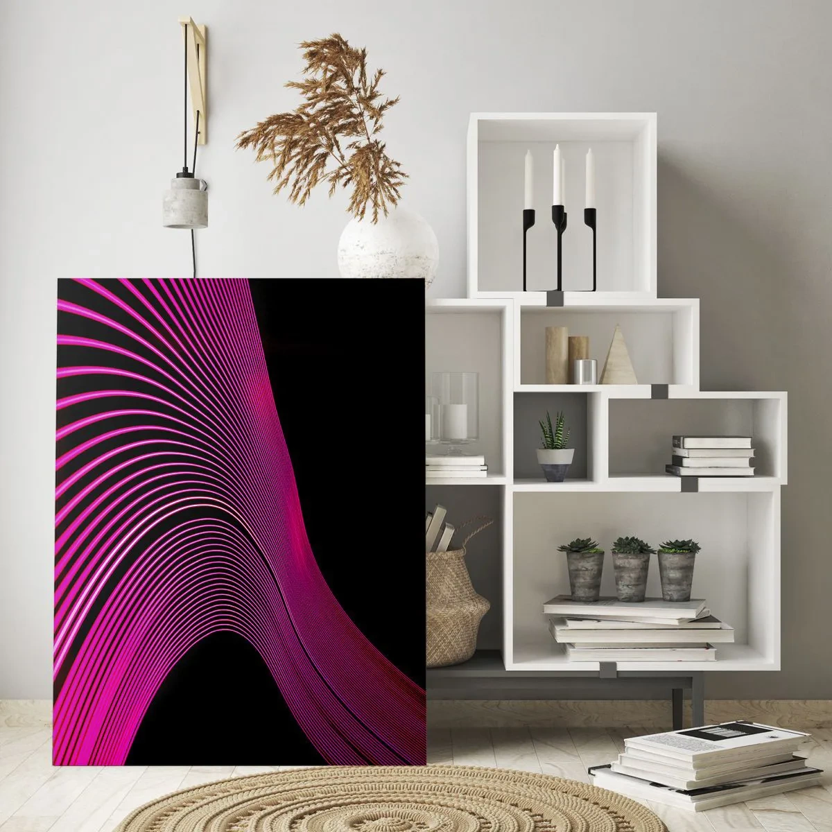 Quadro su vetro - Linee futuristiche nei toni del rosa su sfondo nero - 80x120cm - Il viale della luce - Decorazione murale moderna per soggiorno e camera da letto ARTTOR