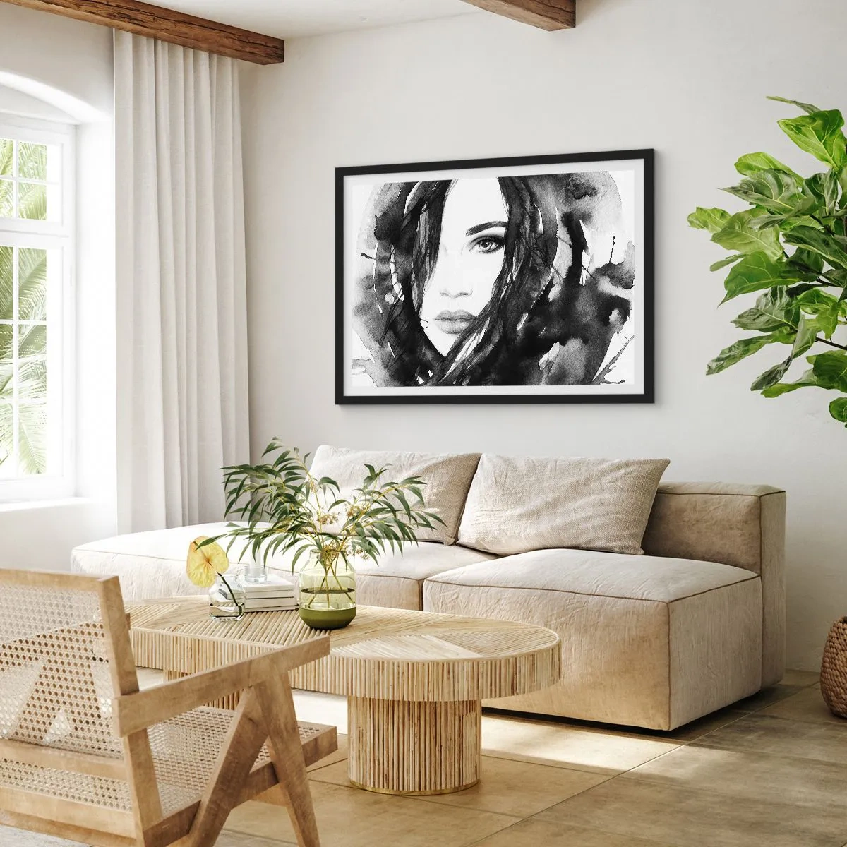 Poster in cornice nera - Ritratto di donna in bianco e nero - 50x40 cm