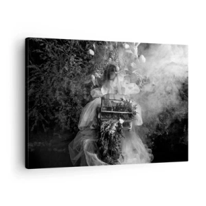 Quadro su tela - Stampe su Tela - Una composizione in bianco e nero con una figura vestita e una gabbia nella nebbia. - 70x50cm - Madre natura stessa - Decorazione murale moderna per soggiorno e camera da letto ARTTOR