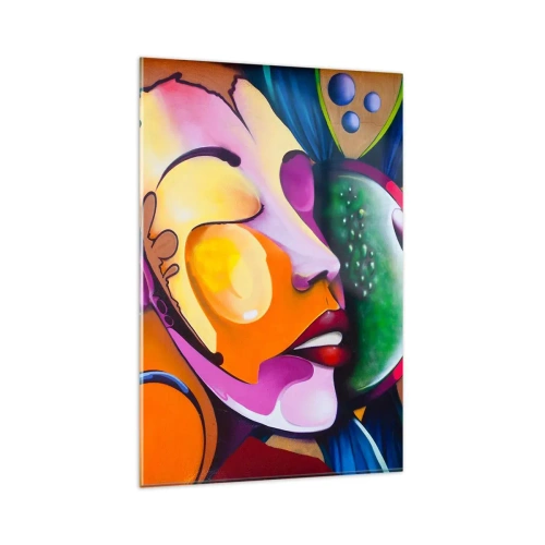 Quadro su vetro - Un'astrazione colorata con un motivo facciale in una composizione dinamica - 80x120cm - Toccare con il colore - Decorazione murale moderna per soggiorno e camera da letto ARTTOR