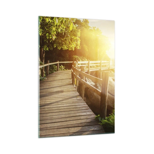 Quadro su vetro - Un sentiero in legno tra gli alberi in riva al mare alla luce del tramonto - 50x70cm - Altra curva, altre meraviglie - Decorazione murale moderna per soggiorno e camera da letto ARTTOR