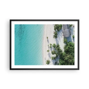 Poster in cornice nera - Una vista a volo d'uccello di una spiaggia tropicale con acqua turchese e palme - 70x50cm - Vacanze in paradiso - Decorazione murale moderna per soggiorno e camera da letto ARTTOR