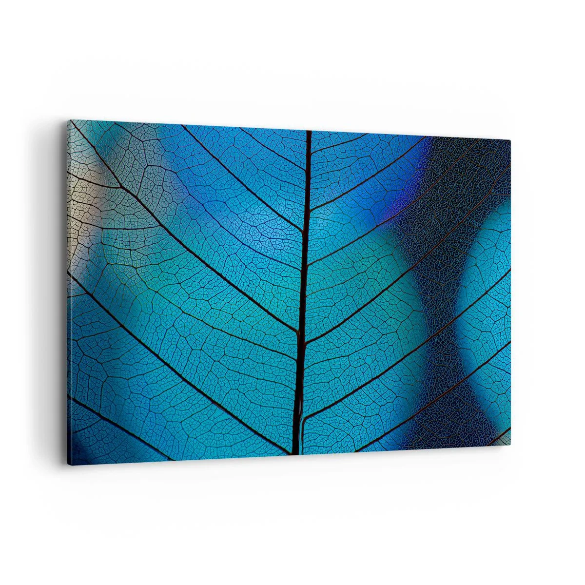 Quadro su tela - Stampe su Tela - Primo piano di una foglia blu con dettaglio delle venature visibile - 120x80cm - Struttura intricata - Decorazione murale moderna per soggiorno e camera da letto ARTTOR