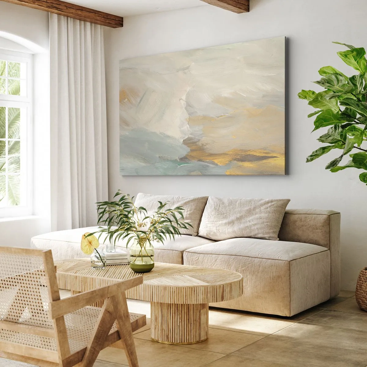 Quadro su tela - Stampe su Tela - Delicati tratti astratti nei toni del bianco e dell'oro - 70x50cm - Astrazione: il paese della mitezza - Decorazione murale moderna per soggiorno e camera da letto ARTTOR