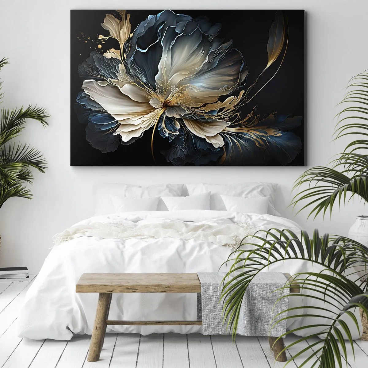 Quadro su tela - Stampe su Tela - Un fiore nei toni dell'oro e del blu navy su uno sfondo nero - 70x50cm - Fantastico fiore di felce - Decorazione murale moderna per soggiorno e camera da letto ARTTOR