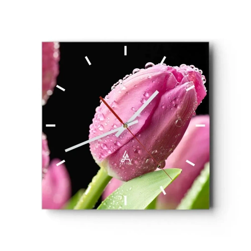 Orologio da parete - Orologio in Vetro - Tulipano rosa con gocce d'acqua su sfondo nero - 30x30cm - Sogno lilla nella rugiada - Decorazione murale moderna per soggiorno e camera da letto ARTTOR