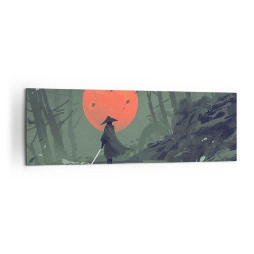 Quadro su tela - Stampe su Tela - Un guerriero solitario con una spada sullo sfondo di una luna rossa in una foresta oscura. - 160x50cm - Il guerriero della luna rossa - Decorazione murale moderna per soggiorno e camera da letto ARTTOR
