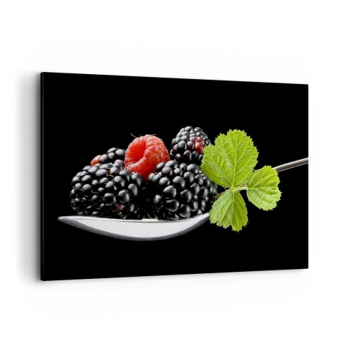 Quadro su tela - Stampe su Tela - More e lamponi su un cucchiaio con una foglia su uno sfondo nero - 120x80cm - I sapori della freschezza - Decorazione murale moderna per soggiorno e camera da letto ARTTOR
