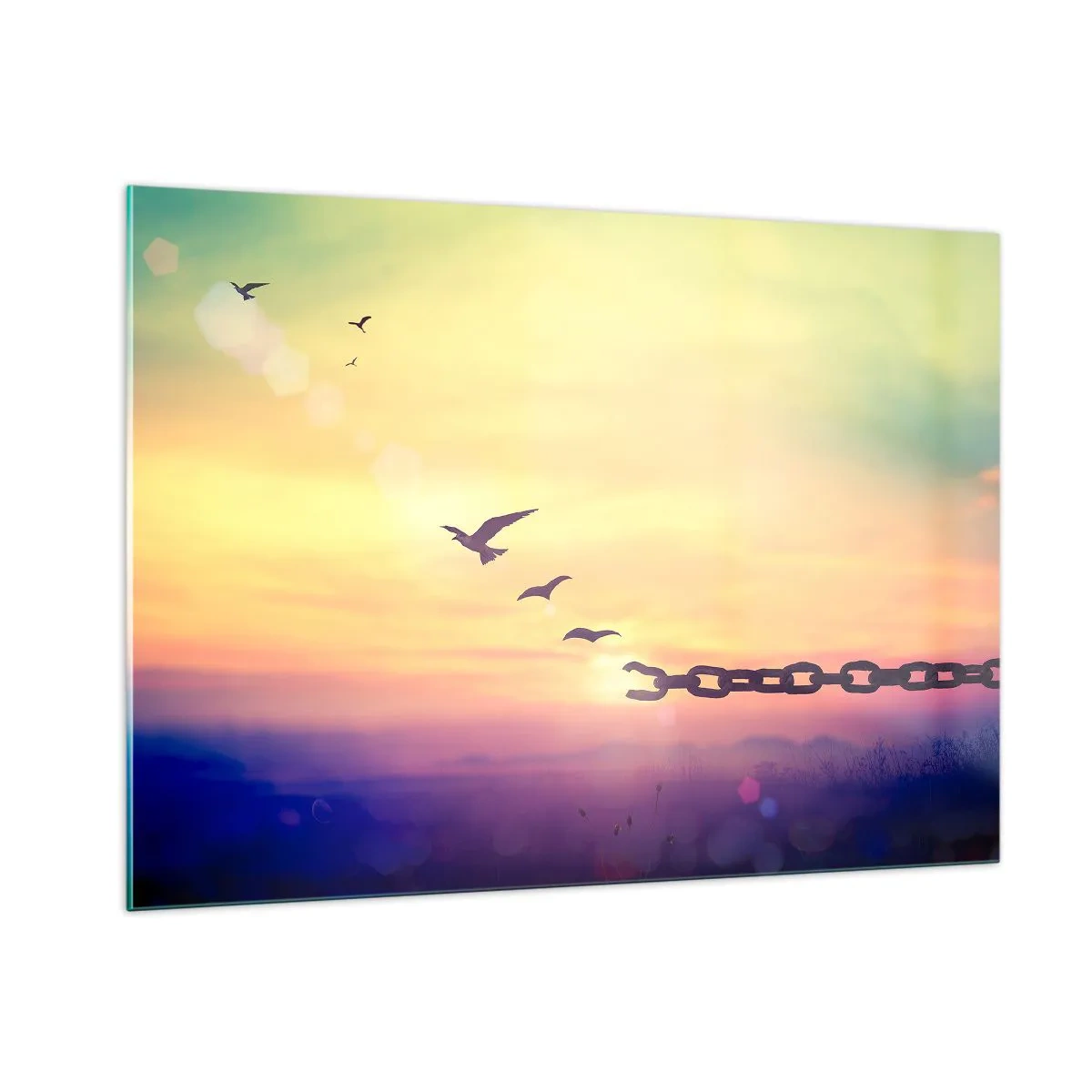 Quadro su vetro - Uccelli in volo sullo sfondo di una catena e di un tramonto - 100x70cm - La vittoria della libertà - Decorazione murale moderna per soggiorno e camera da letto ARTTOR