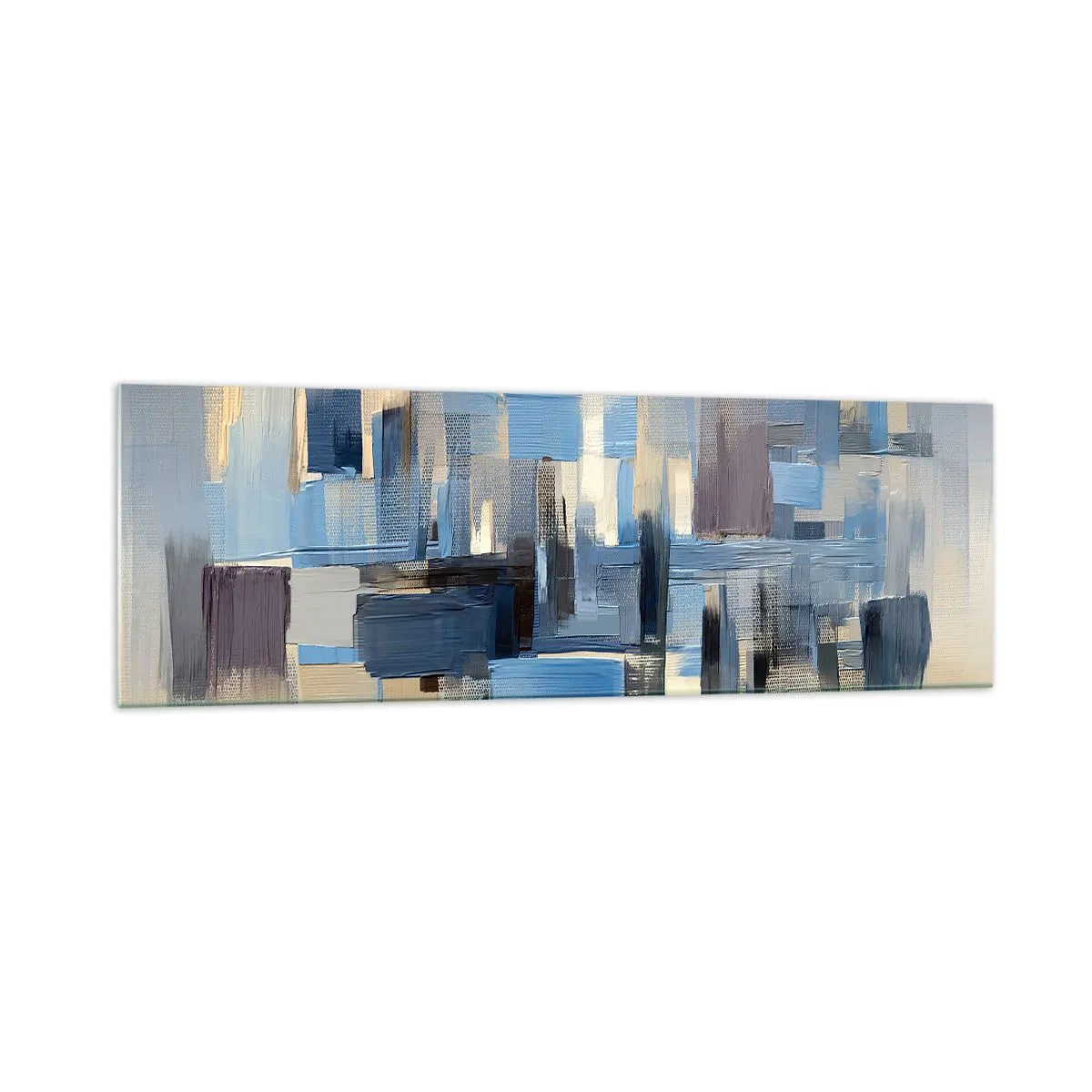 Quadro su vetro - Forme geometriche nei toni del blu e del beige - 160x50cm - Struttura blu - Decorazione murale moderna per soggiorno e camera da letto ARTTOR