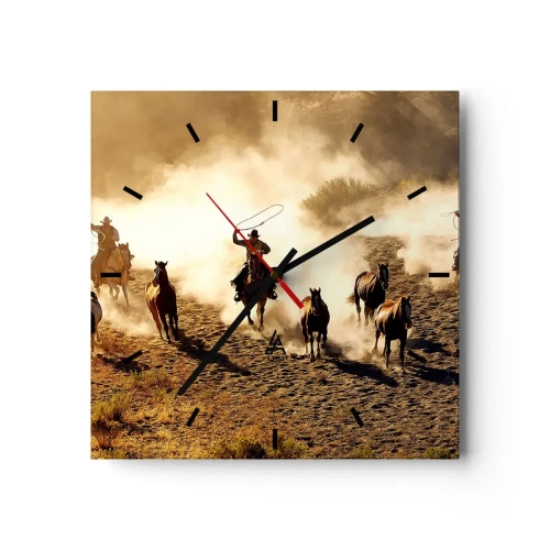 Orologio da parete - Orologio in Vetro - Cowboy a cavallo in azione nel terreno desertico - 30x30cm - Il vero Far West - Decorazione murale moderna per soggiorno e camera da letto ARTTOR