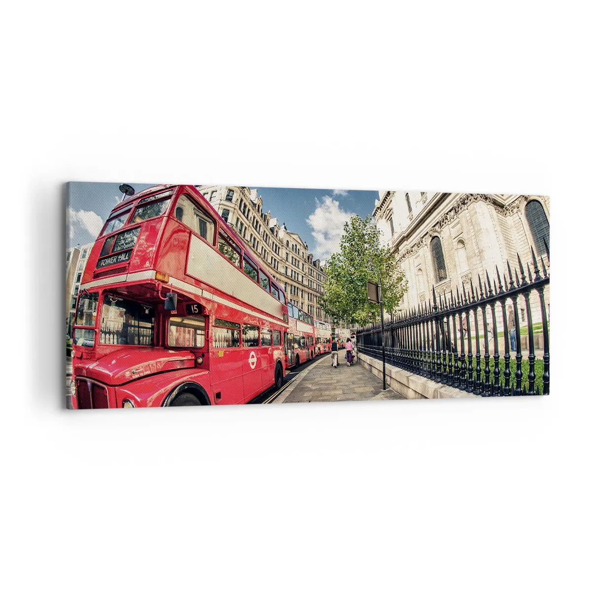 Quadro su tela - Stampe su Tela - Autobus rosso a due piani a Londra vicino alla strada e alla cattedrale - 120x50cm - Via di Londra in grigio e rosso - Decorazione murale moderna per soggiorno e camera da letto ARTTOR