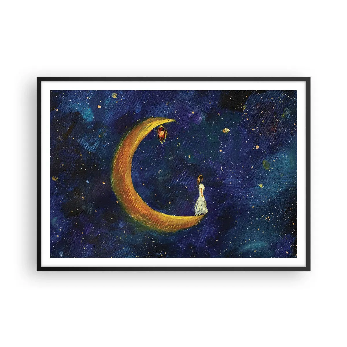 Poster in cornice nera - Una ragazza in piedi sulla luna in un cielo stellato - 100x70cm - Il richiamo del mondo - Decorazione murale moderna per soggiorno e camera da letto ARTTOR