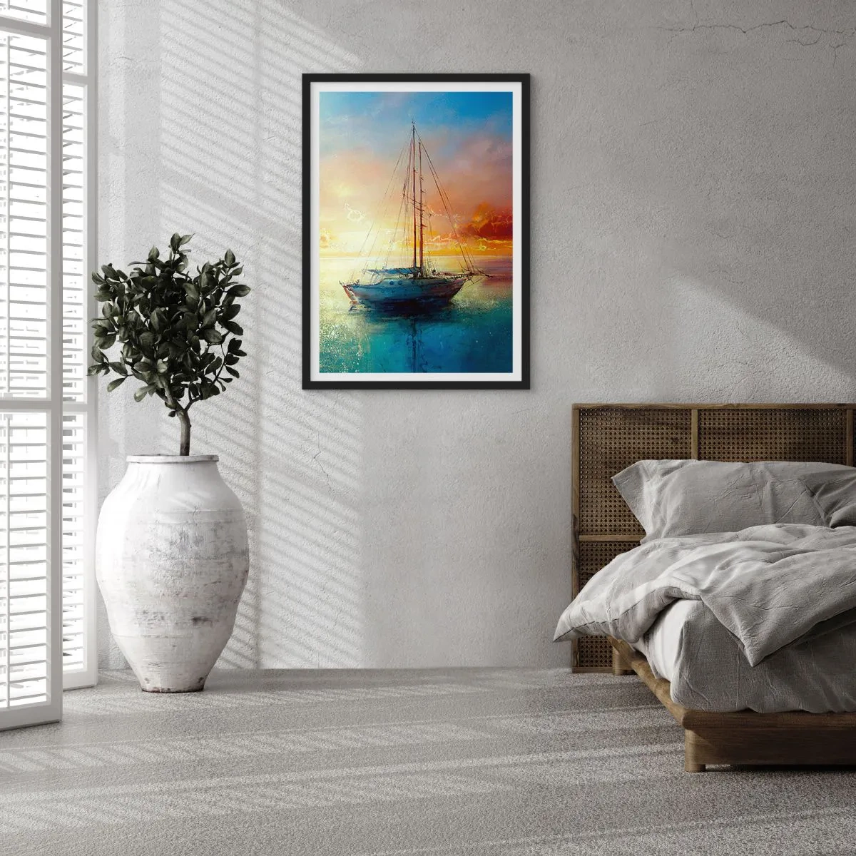 Poster in cornice nera - Uno yacht su un mare calmo al tramonto - 50x70cm - Nella baia dorata - Decorazione murale moderna per soggiorno e camera da letto ARTTOR