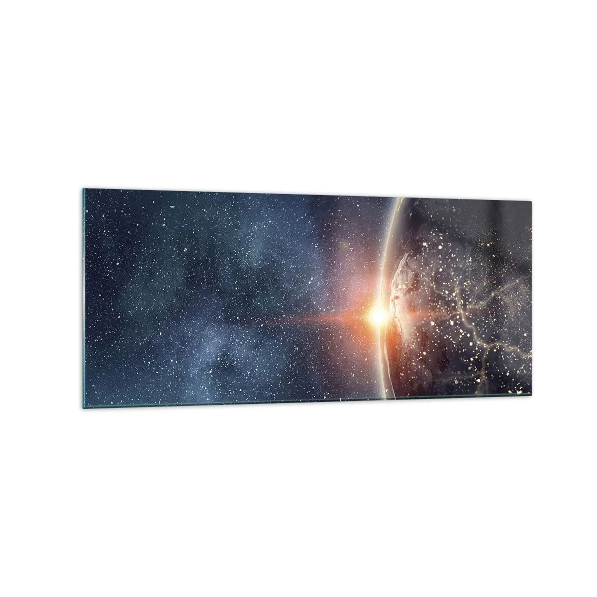 Quadro su vetro - La Terra vista dallo spazio con il sole che sorge - 120x50cm - In una nuova prospettiva - Decorazione murale moderna per soggiorno e camera da letto ARTTOR