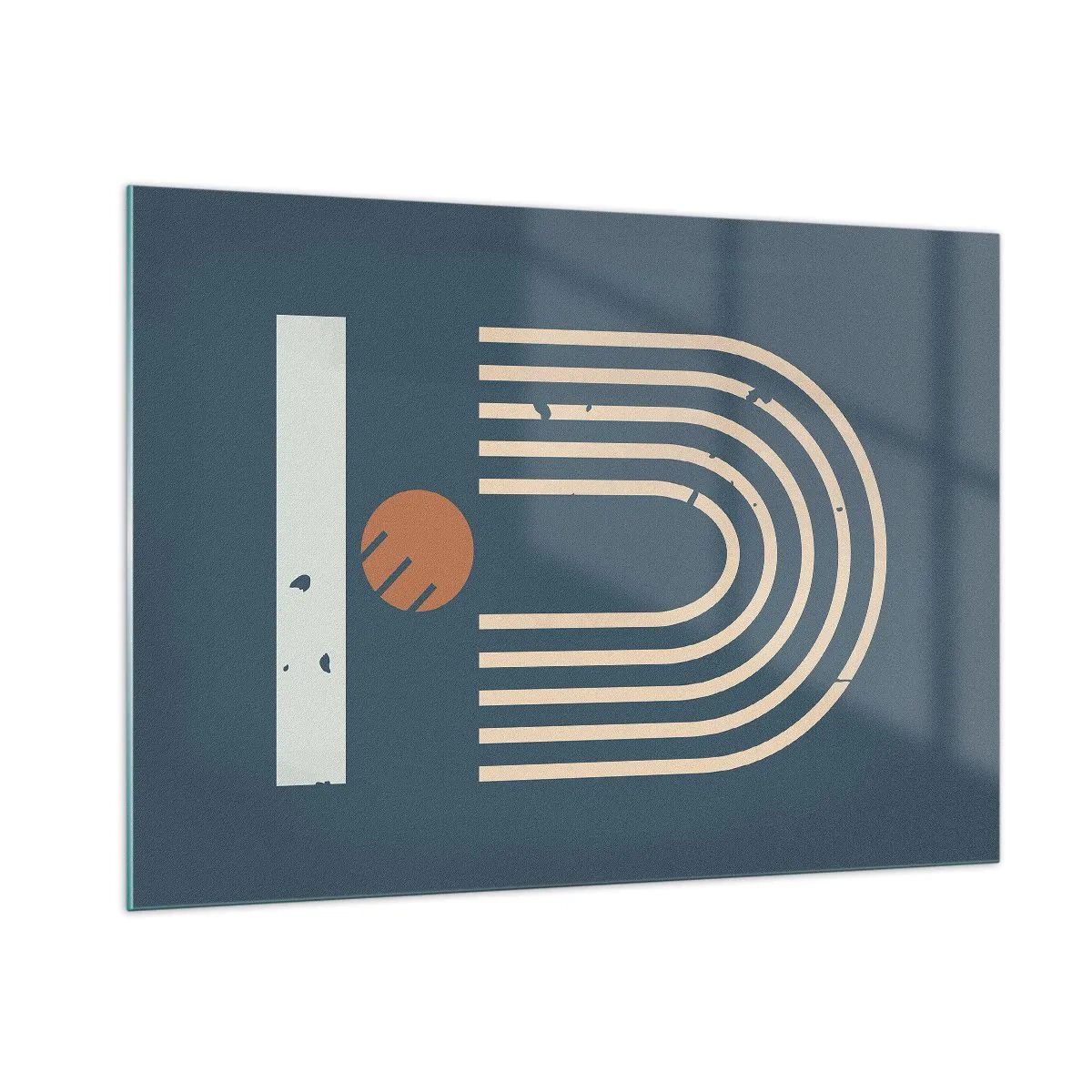 Quadro su vetro - Composizione geometrica retrò su sfondo scuro - 100x70cm - Geometria in blu - Decorazione murale moderna per soggiorno e camera da letto ARTTOR