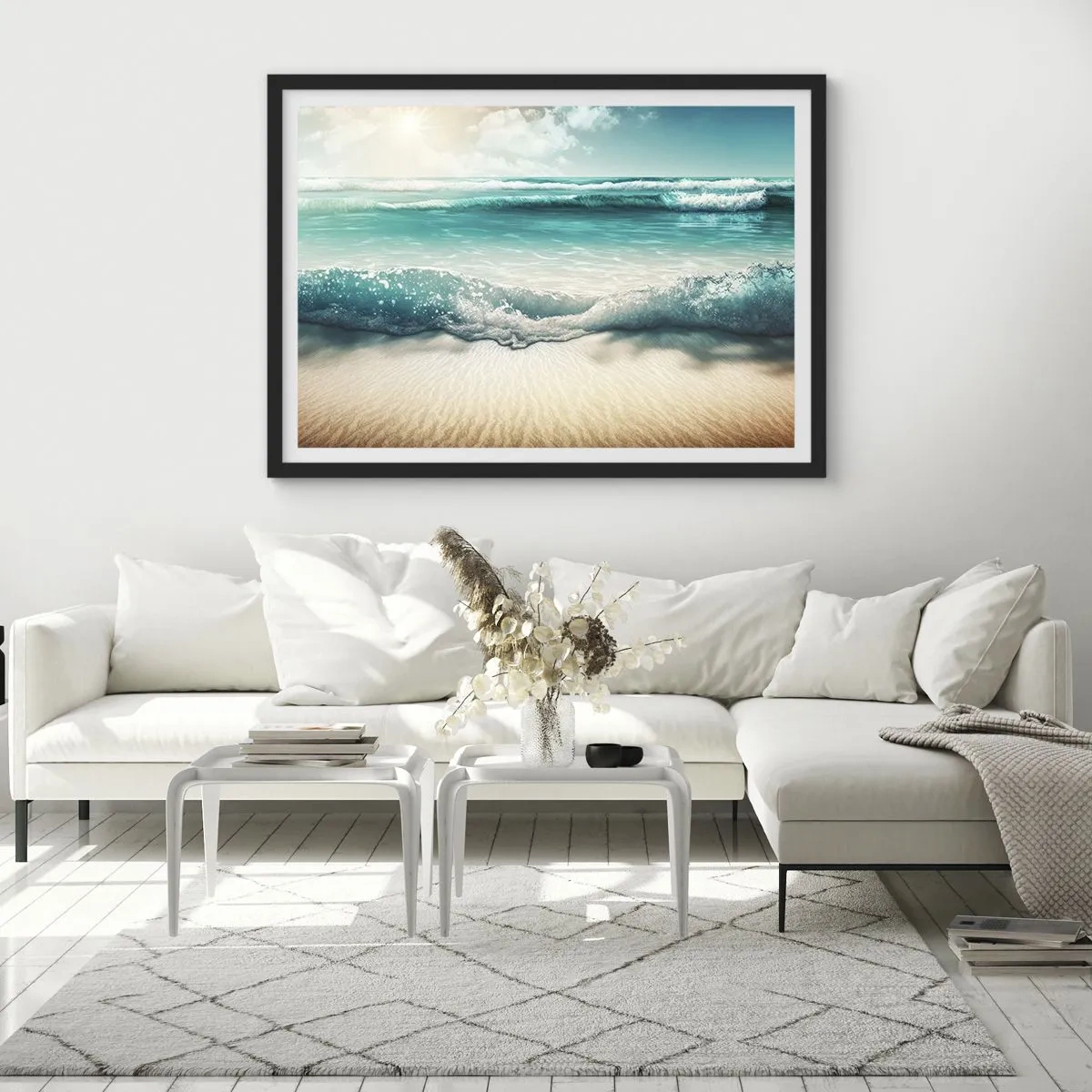 Poster in cornice nera - Onde dell'oceano su una spiaggia di sabbia chiara - 100x70cm - La calma dell'oceano - Decorazione murale moderna per soggiorno e camera da letto ARTTOR