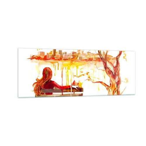 Quadro su vetro - Scena ad acquerello di una donna su una panchina con vista sulla città - 140x50cm - Un momento di riflessione - Decorazione murale moderna per soggiorno e camera da letto ARTTOR