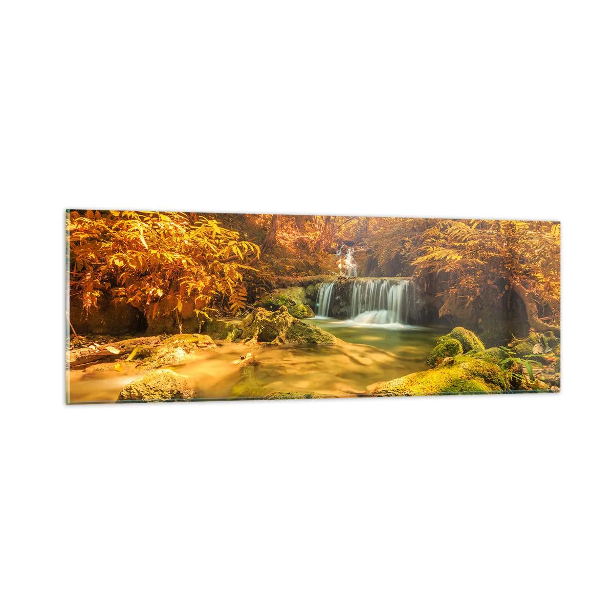 Quadro su vetro - Cascata boschiva in oro - 90x30 cm