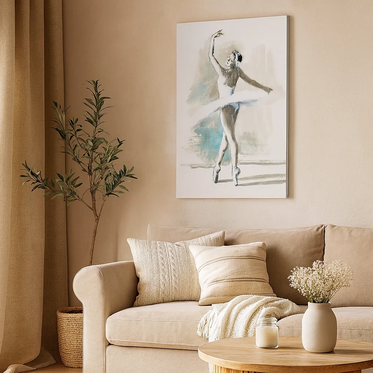 Quadro su tela - Stampe su Tela - Una ballerina in posa da balletto su uno sfondo dai delicati toni acquerellati. - 50x70cm - Tramutata in un cigno - Decorazione murale moderna per soggiorno e camera da letto ARTTOR