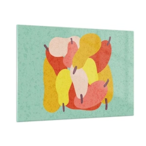 Quadro su vetro - Pere colorate in stile grafico su sfondo turchese - 100x70cm - Assaggia il sole estivo - Decorazione murale moderna per soggiorno e camera da letto ARTTOR