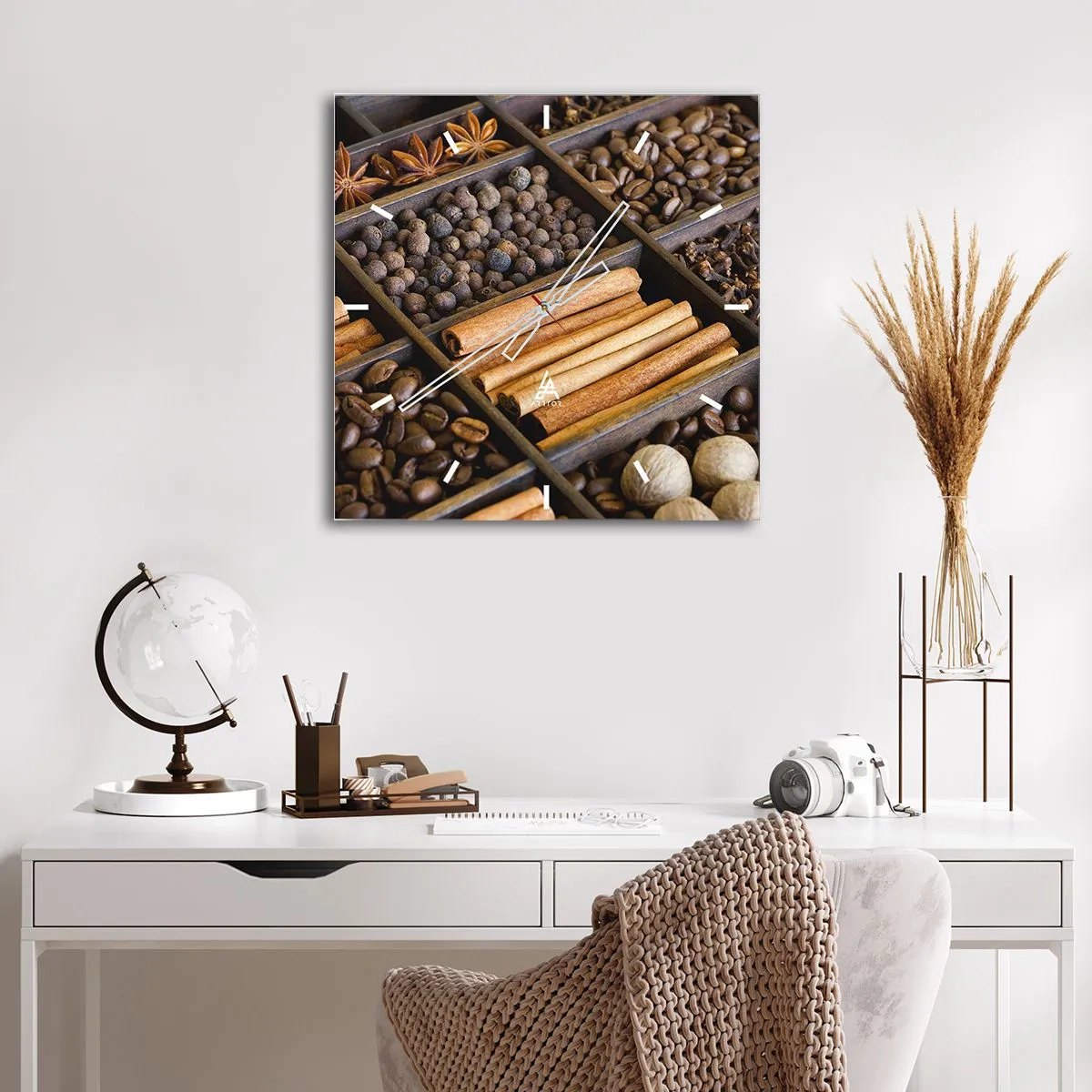 Orologio da parete - Orologio in Vetro - Spezie e caffè in scomparti di legno - 30x30cm - Il tesoro degli aromi - Decorazione murale moderna per soggiorno e camera da letto ARTTOR