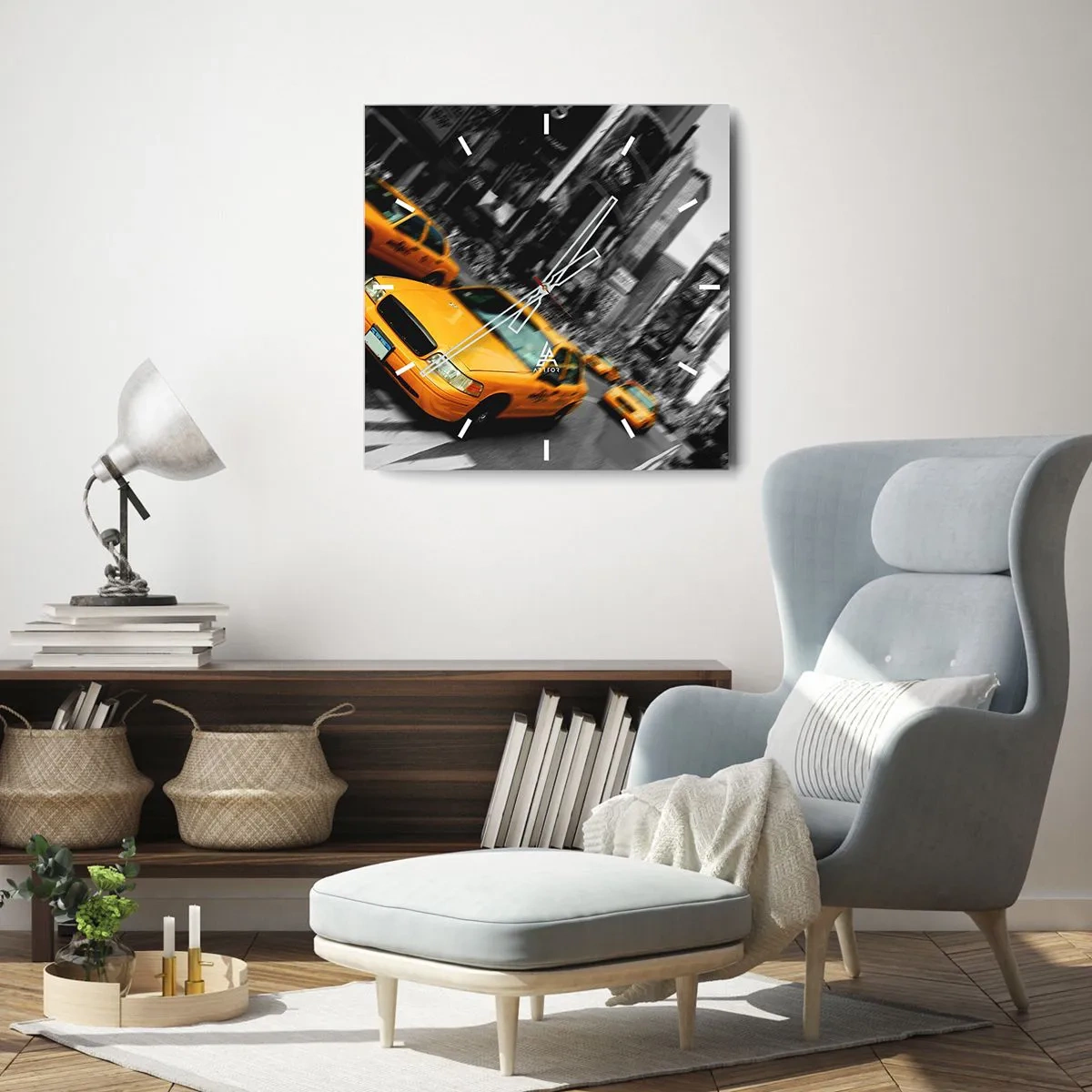 Orologio da parete - Orologio in Vetro - Taxi gialli in un incrocio cittadino trafficato - 30x30cm - Gocce di sole a New York - Decorazione murale moderna per soggiorno e camera da letto ARTTOR