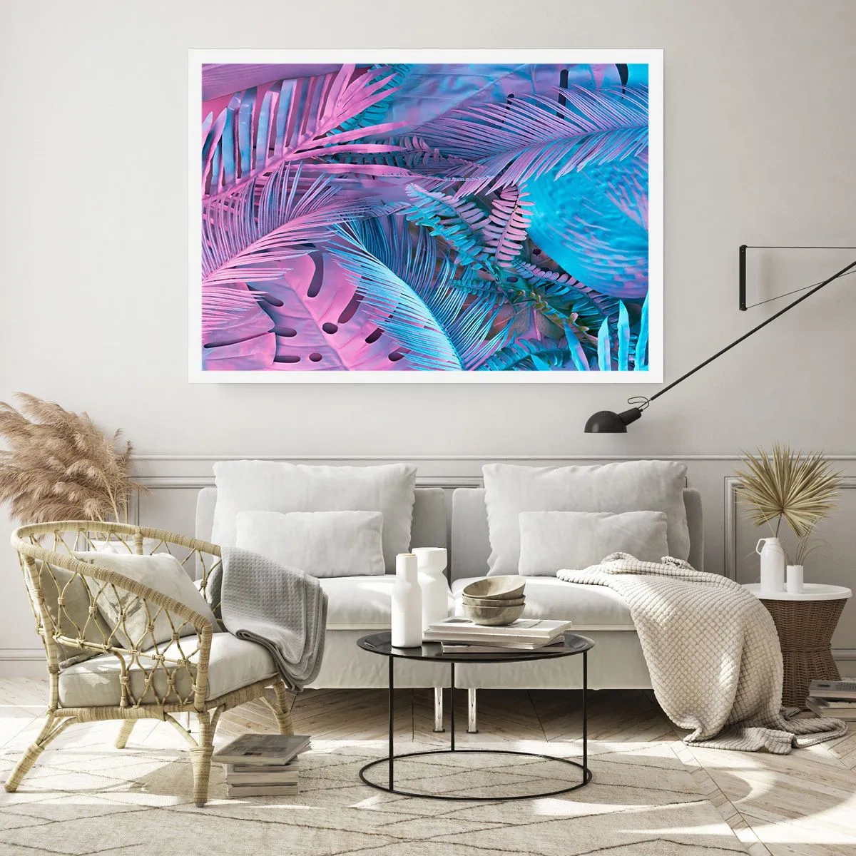 Poster - Foglie tropicali nelle tonalità del rosa e del blu - 100x70cm - Tropici in rosa e blu - Decorazione murale moderna per soggiorno e camera da letto ARTTOR