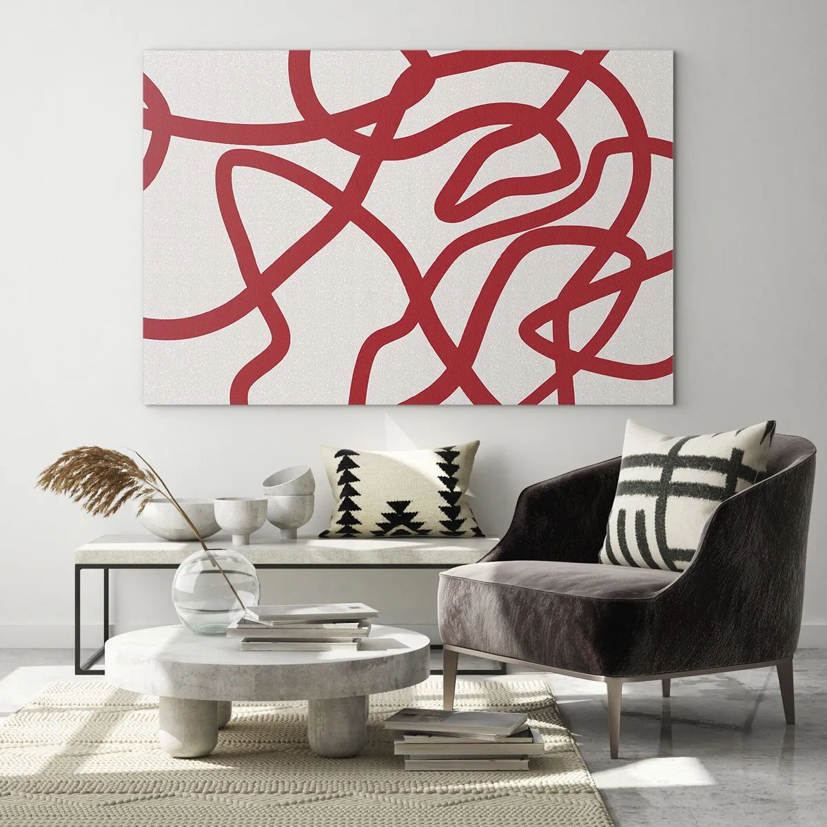Quadro su vetro - Linee rosse che turbinano dinamicamente su uno sfondo bianco - 70x50cm - Rosso su bianco - Decorazione murale moderna per soggiorno e camera da letto ARTTOR