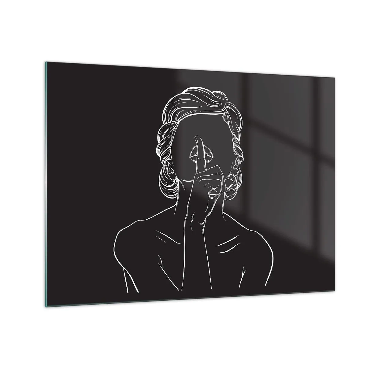 Quadro su vetro - Una silhouette minimalista di una donna che fa un gesto di silenzio. - 70x50cm - Il bello emerge nel silenzio - Decorazione murale moderna per soggiorno e camera da letto ARTTOR