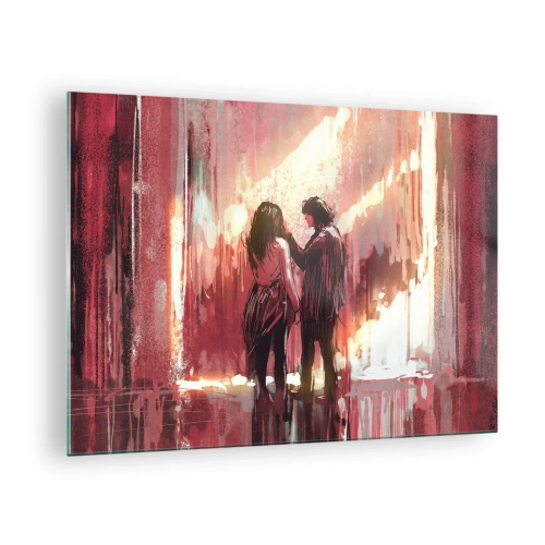 Quadro su vetro - Una coppia nella calda luce di un ambiente astratto - 70x50cm - L'eterno spettacolo dell'amore - Decorazione murale moderna per soggiorno e camera da letto ARTTOR