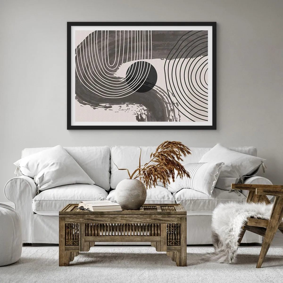 Poster in cornice nera - Linee geometriche e ovali in tonalità monocromatiche - 70x50cm - L'ovale vittorioso - Decorazione murale moderna per soggiorno e camera da letto ARTTOR