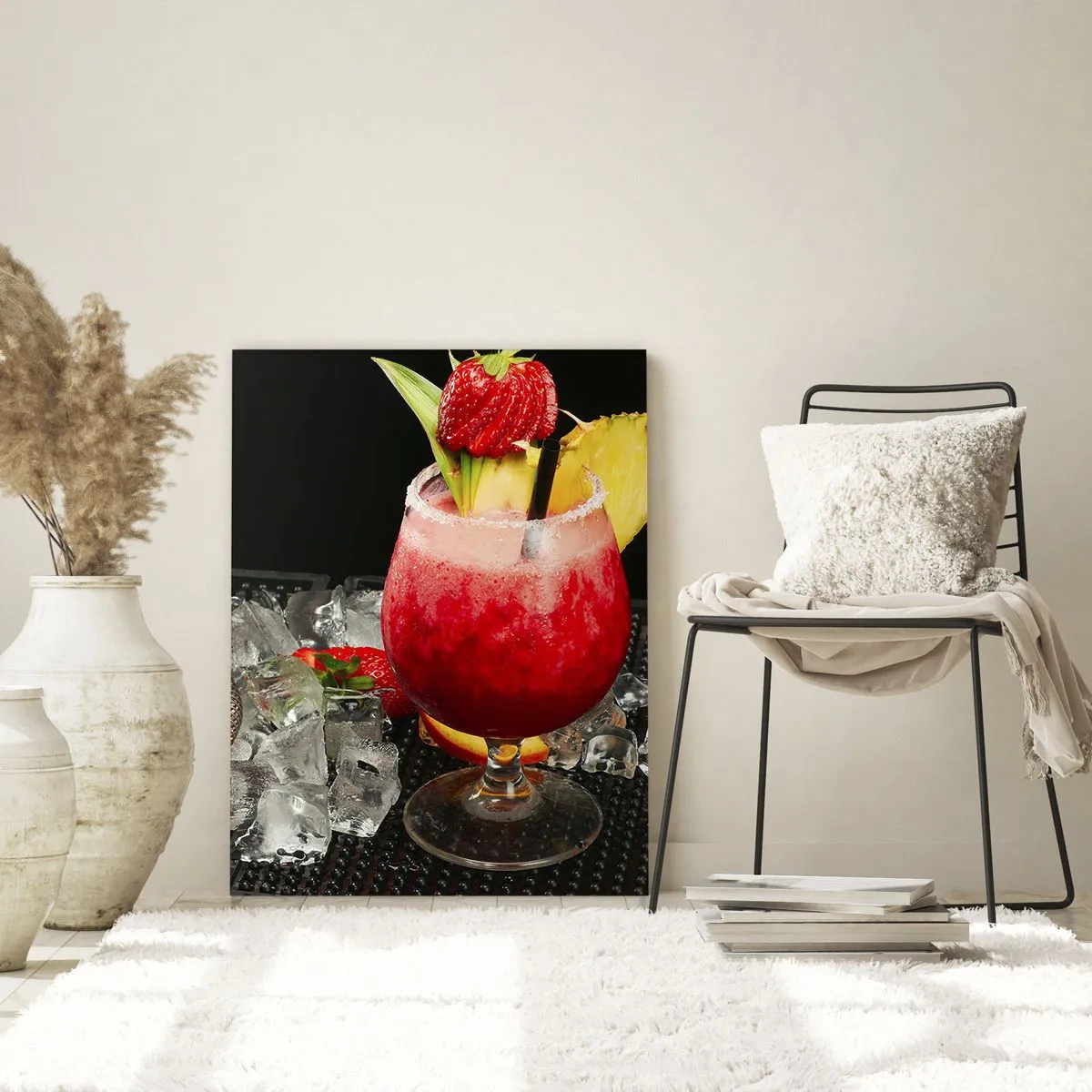 Quadro su vetro - Un cocktail colorato con fragole, ghiaccio e ananas - 70x100cm - Incantare il gusto - Decorazione murale moderna per soggiorno e camera da letto ARTTOR
