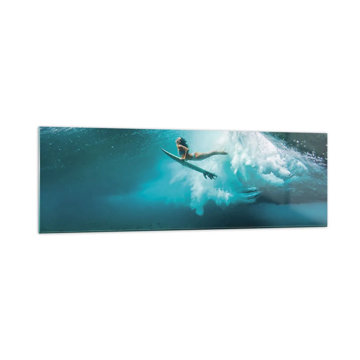 Quadro su vetro - Surfista sotto un'onda nell'acqua blu dell'oceano - 160x50cm - Mondo subacqueo - Decorazione murale moderna per soggiorno e camera da letto ARTTOR