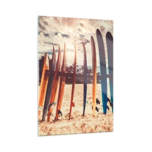 Quadro su vetro - Tavole da surf colorate allineate sulla spiaggia al tramonto - 50x70cm - Buonanotte, a domani - Decorazione murale moderna per soggiorno e camera da letto ARTTOR
