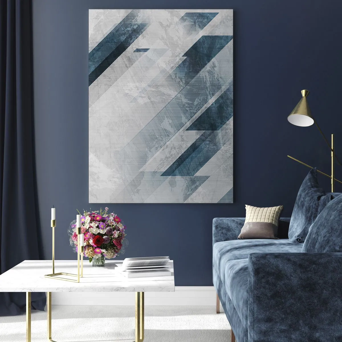 Quadro su vetro - Linee astratte in tonalità di grigio e blu - 70x100cm - Composizione spaziale: movimento in grigio - Decorazione murale moderna per soggiorno e camera da letto ARTTOR