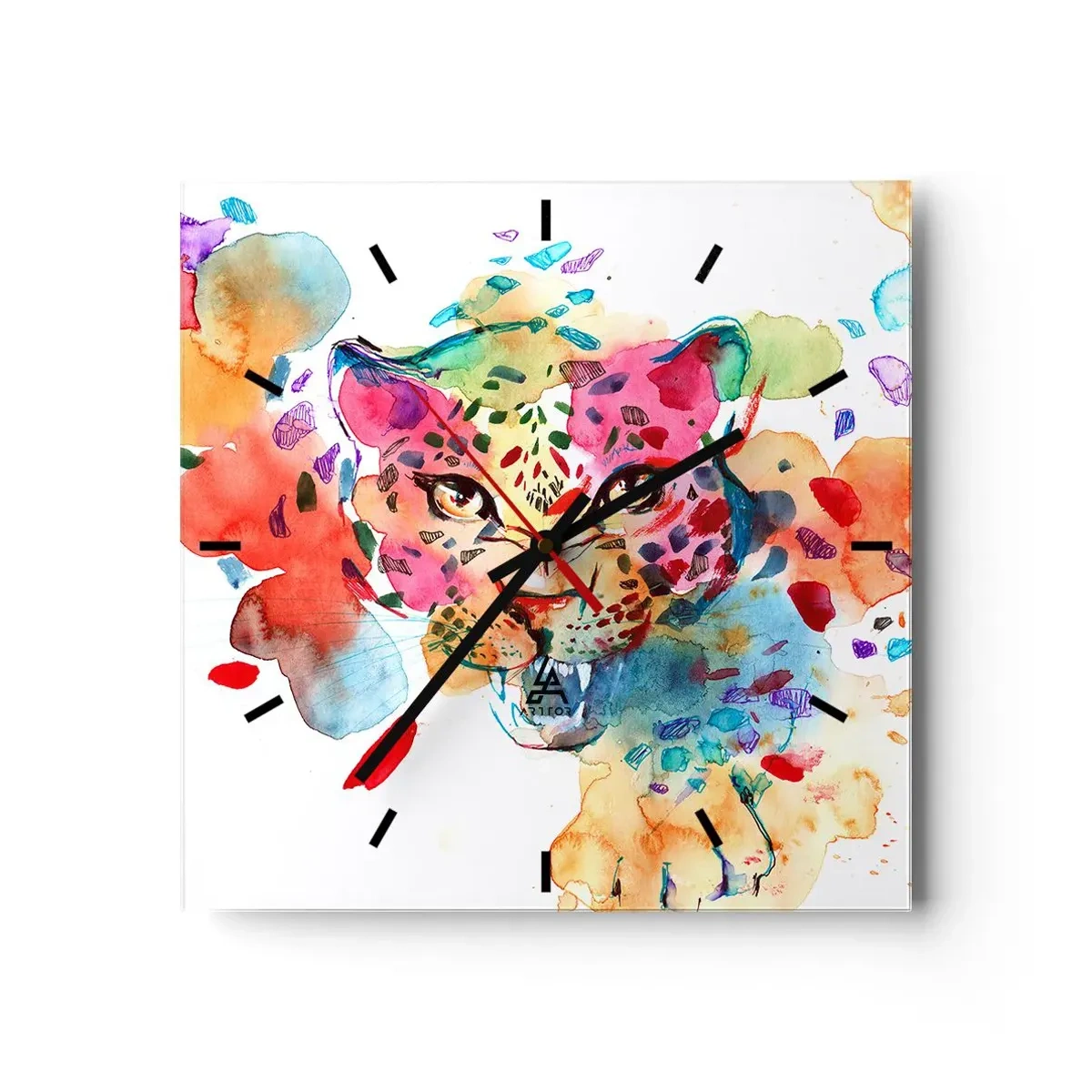 Orologio da parete - Orologio in Vetro - Ritratto astratto di un leopardo dai colori intensi - 30x30cm - La bella e la bestia - Decorazione murale moderna per soggiorno e camera da letto ARTTOR