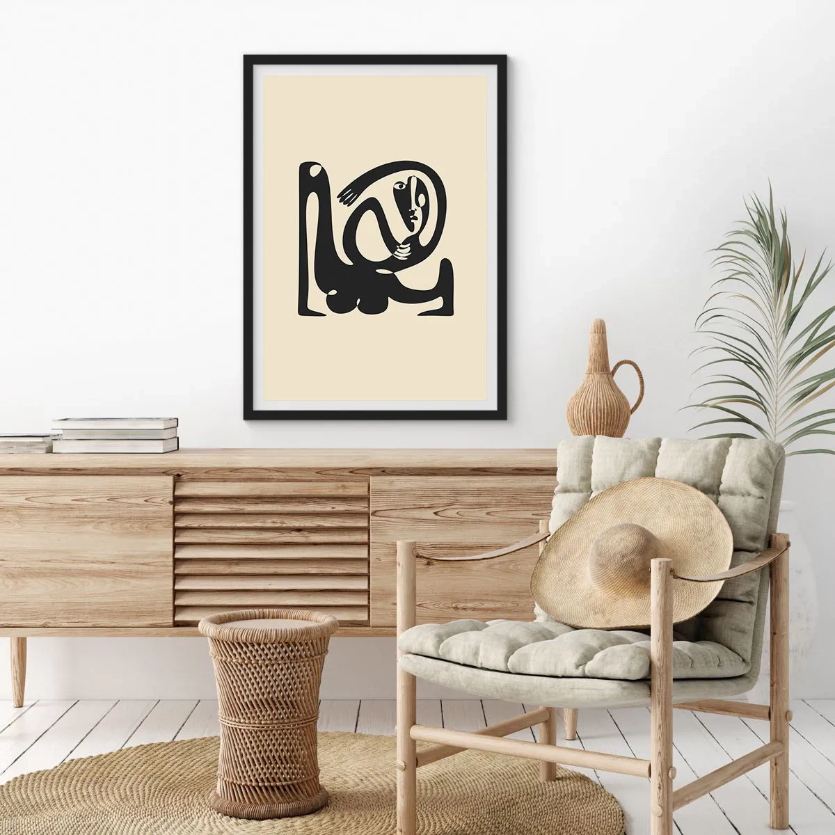 Poster in cornice nera - Figura astratta su sfondo beige con linee nere - 50x70cm - Quasi Picasso - Decorazione murale moderna per soggiorno e camera da letto ARTTOR
