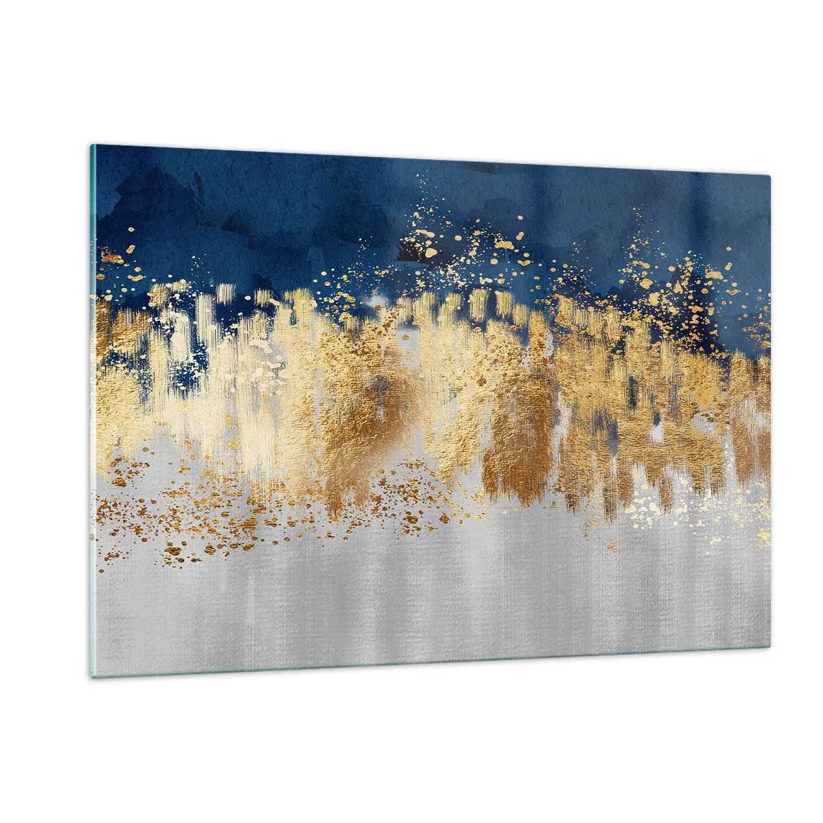 Quadro su vetro - Accenti dorati su sfondo blu navy e argento - 120x80cm - Composizione moderna con bagliore - Decorazione murale moderna per soggiorno e camera da letto ARTTOR