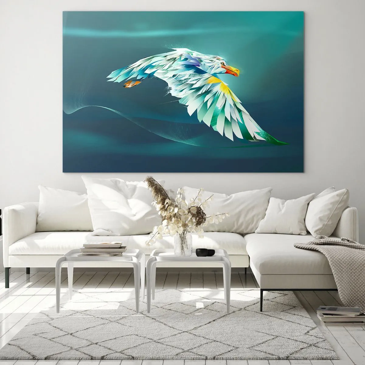 Quadro su vetro - Un'immagine astratta di un'aquila nei toni del blu e del bianco su uno sfondo di onde. - 70x50cm - Potenza del volo dell'aquila - Decorazione murale moderna per soggiorno e camera da letto ARTTOR