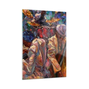 Quadro su vetro - Un palco jazz colorato con musicisti e strumenti - 50x70cm - In un unico ritmo - Decorazione murale moderna per soggiorno e camera da letto ARTTOR