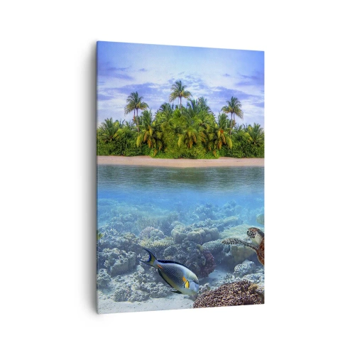 Quadro su tela - Stampe su Tela - Un'isola tropicale circondata da un oceano turchese con una barriera corallina e pesci. - 70x100cm - L'isola del paradiso dà il benvenuto - Decorazione murale moderna per soggiorno e camera da letto ARTTOR