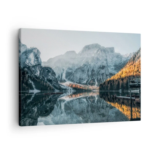 Quadro su tela - Stampe su Tela - Un paesaggio montano riflesso nella calma superficie di un lago - 70x50cm - Paesaggio allo specchio - Decorazione murale moderna per soggiorno e camera da letto ARTTOR