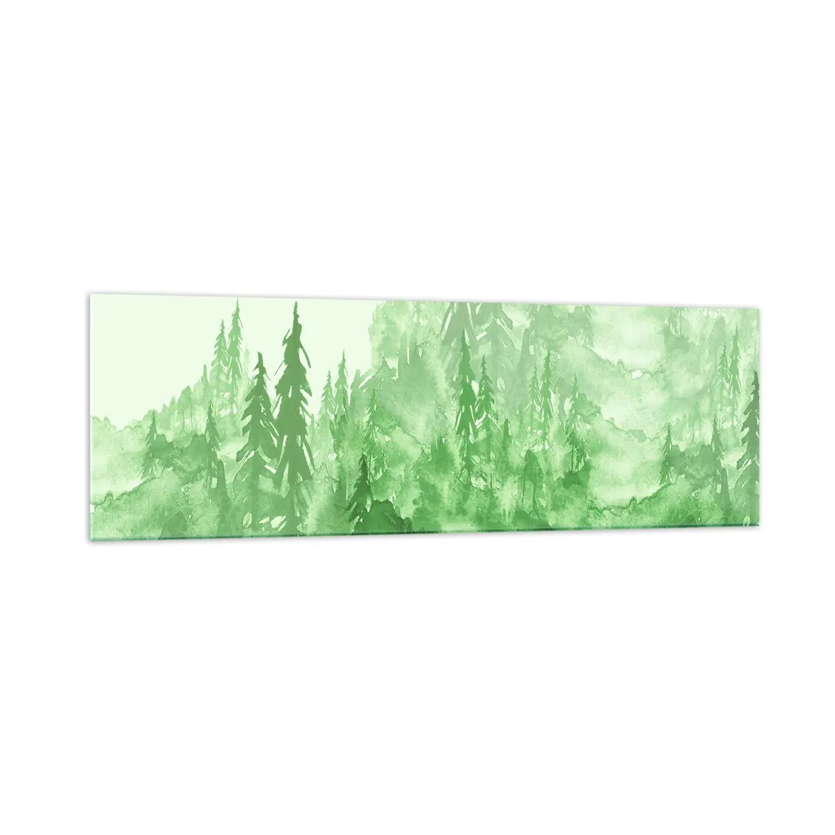 Quadro su vetro - Foresta verde in stile acquerello su sfondo chiaro - 160x50cm - Sfocato da una nebbia verde - Decorazione murale moderna per soggiorno e camera da letto ARTTOR