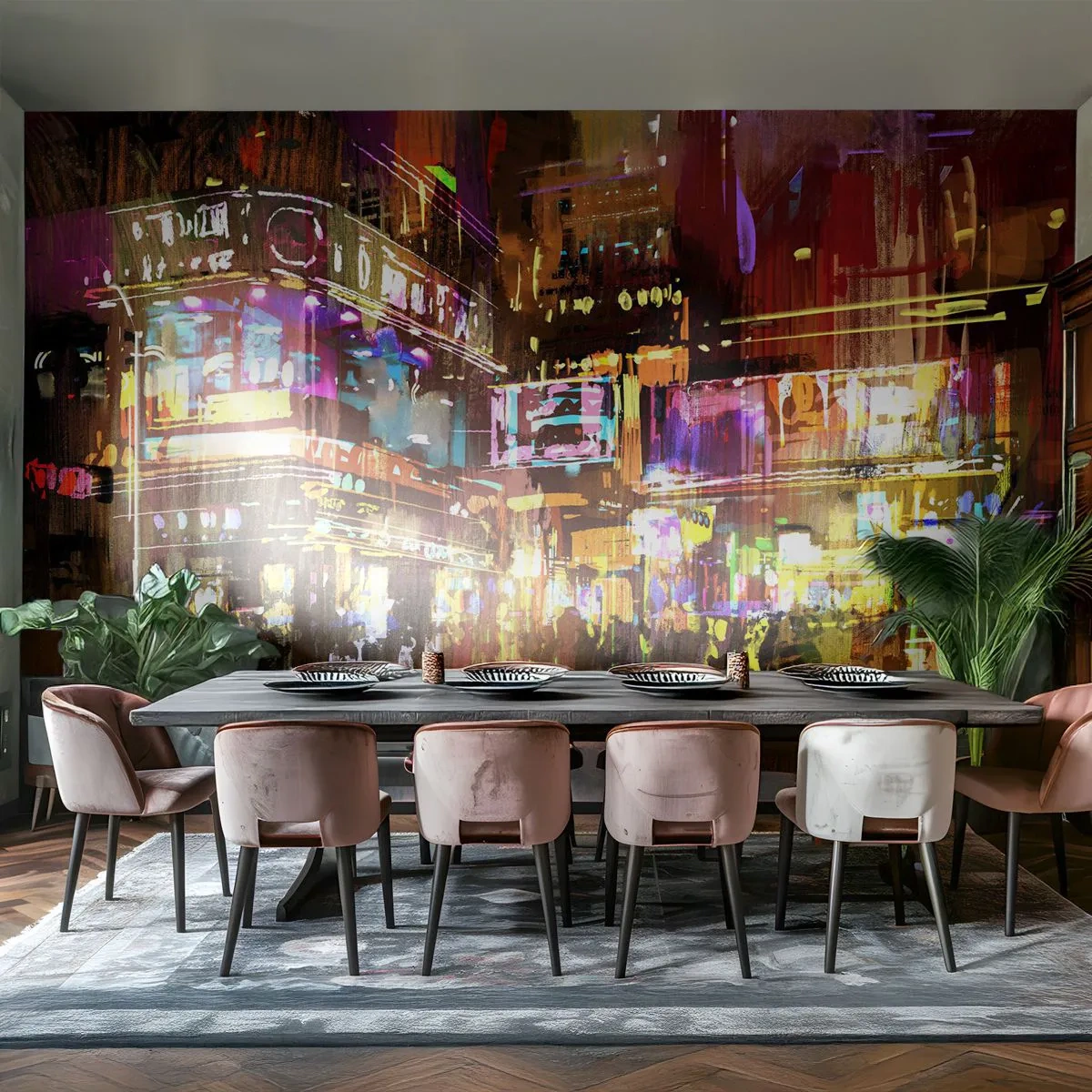 Fotomurali Standard Eco - Una città vibrante di notte nei colori al neon - 100x70cm - Nel mare di luce - Decorazione murale moderna per soggiorno e camera da letto ARTTOR