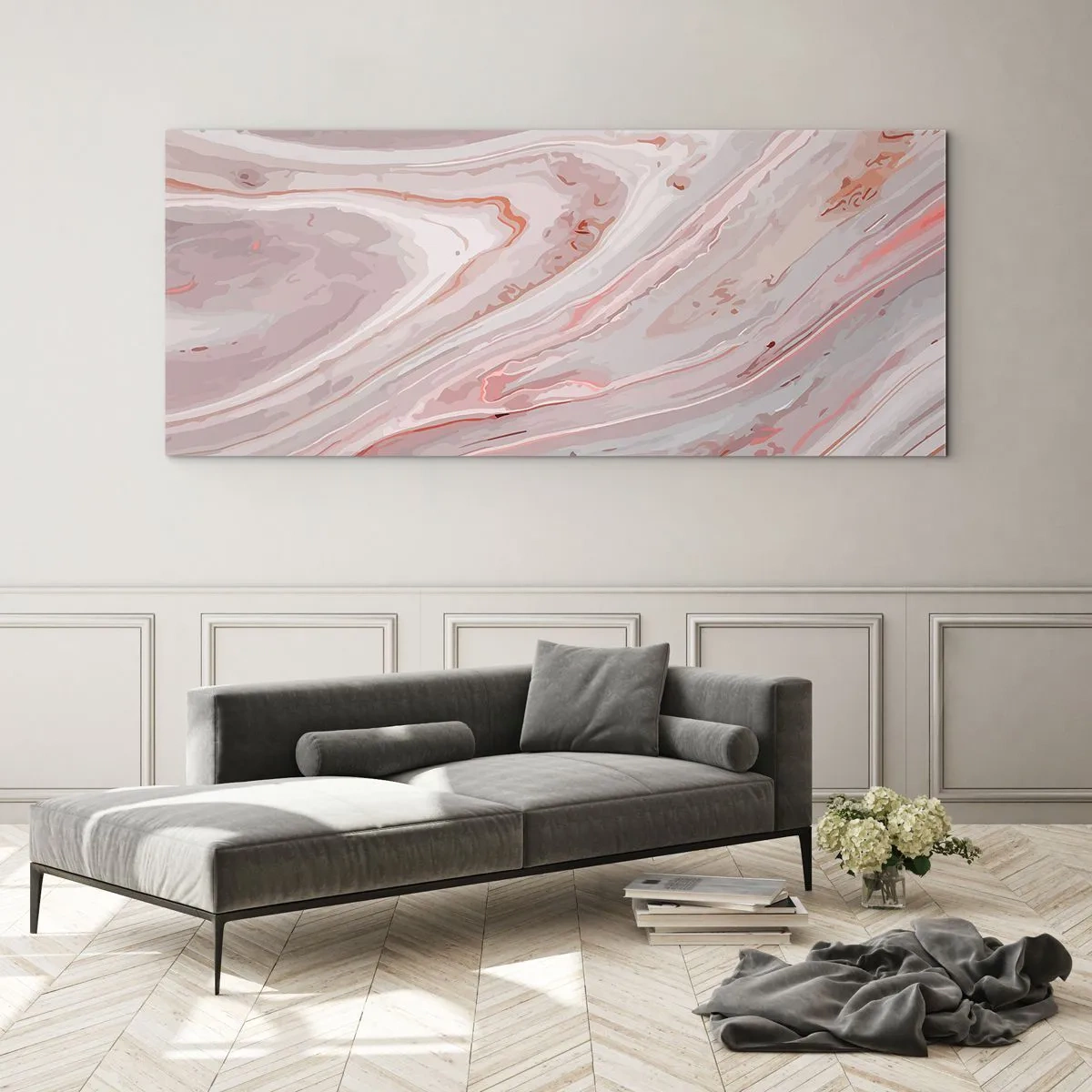 Quadro su vetro - Onde astratte in delicate tonalità di rosa e beige - 120x50cm - Rosa liquido - Decorazione murale moderna per soggiorno e camera da letto ARTTOR