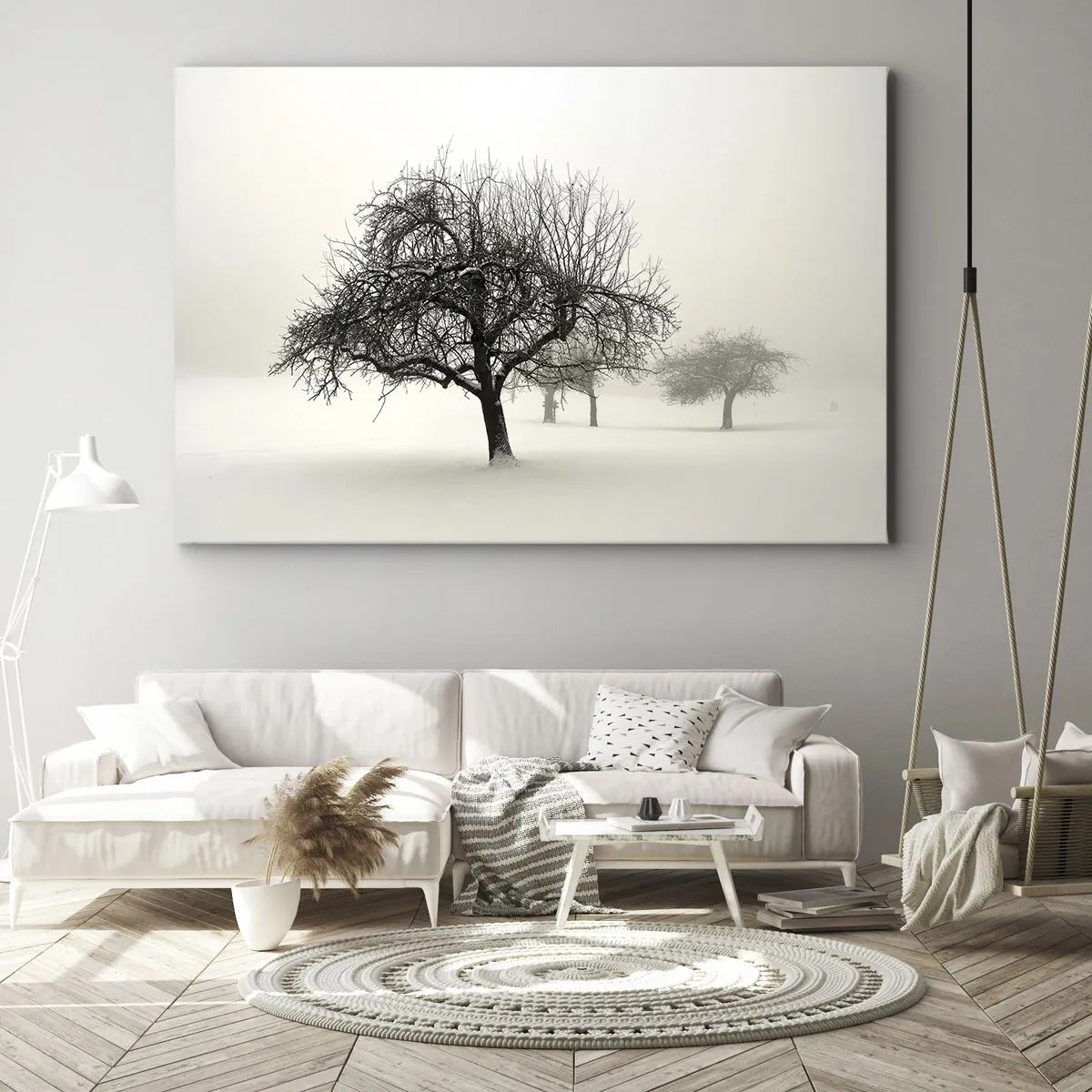 Quadro su tela - Stampe su Tela - Alberi in un campo innevato circondato dalla nebbia - 120x80cm - Sogno invernale - Decorazione murale moderna per soggiorno e camera da letto ARTTOR