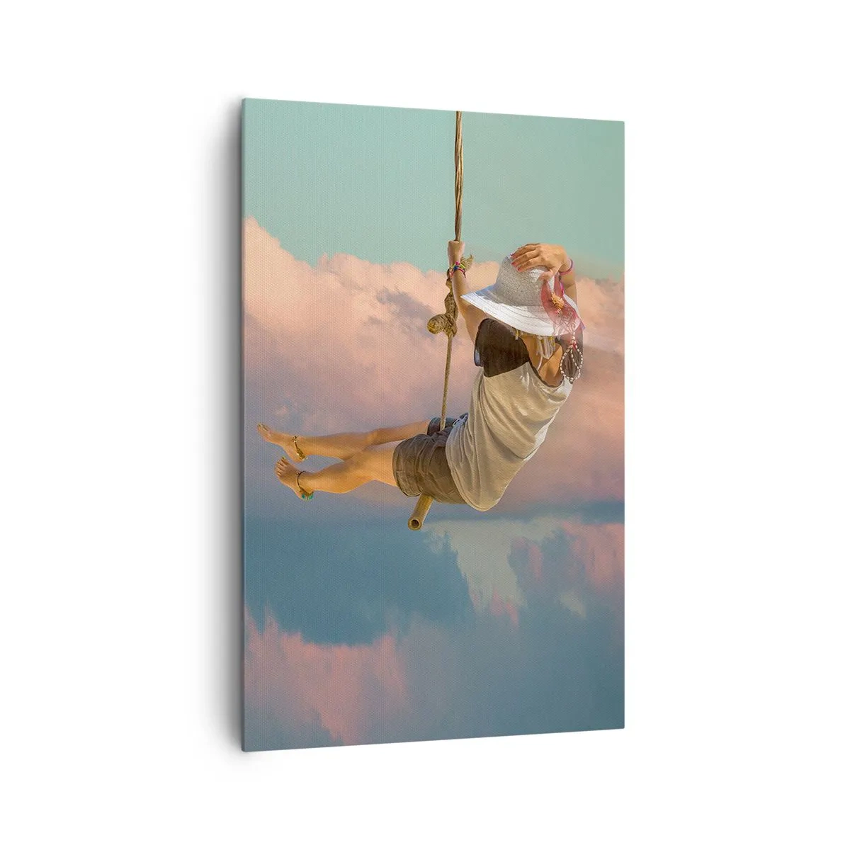 Quadro su tela - Stampe su Tela - Donna su un'altalena tra le nuvole rosa - 80x120cm - Divertimento tra le nuvole - Decorazione murale moderna per soggiorno e camera da letto ARTTOR