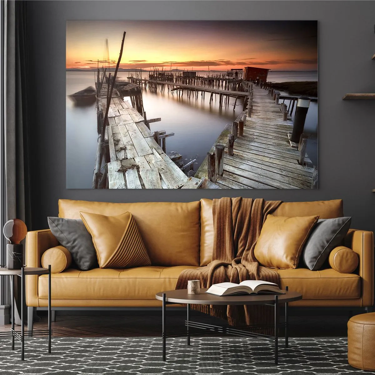 Quadro su vetro - Moli di legno al tramonto su un lago calmo - 70x50cm - Autentico, non una finzione turistica - Decorazione murale moderna per soggiorno e camera da letto ARTTOR